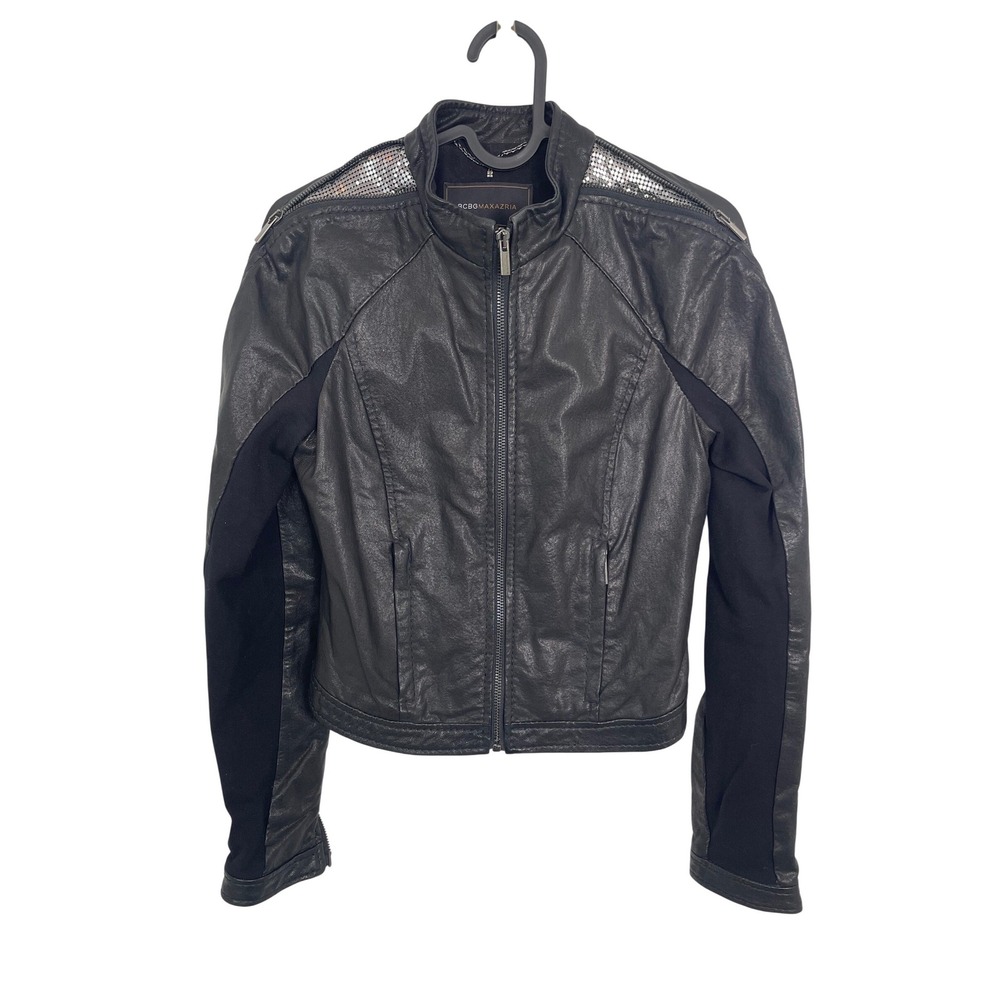 BCBGMAXAZRIA Leather Moto Jacket Metallic Mesh Shoulder Black XXS